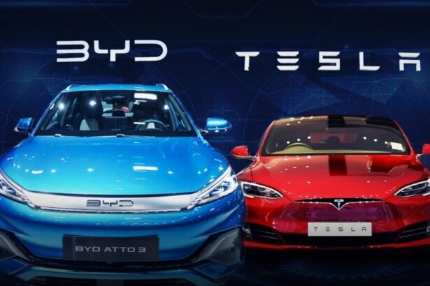 BYD electric car in Europe next to a Tesla Model 3