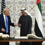 UAE and US leaders discussing AI partnership in a high-tech meeting room