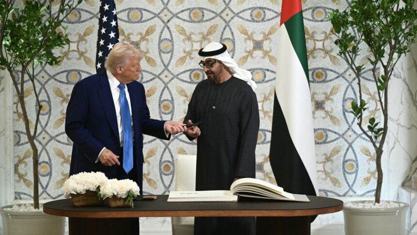 UAE and US leaders discussing AI partnership in a high-tech meeting room